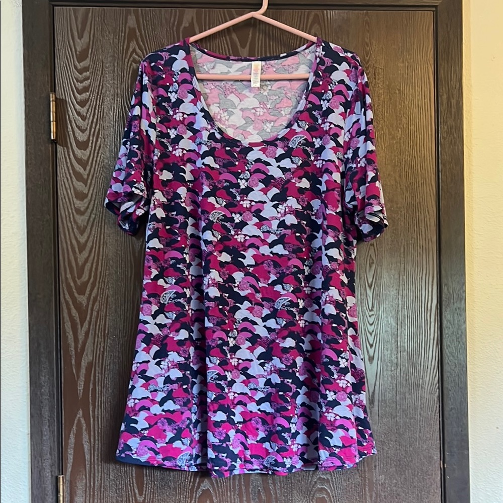 LuLaRoe Pink and Purple Graphic Blouse with Relaxed Fit